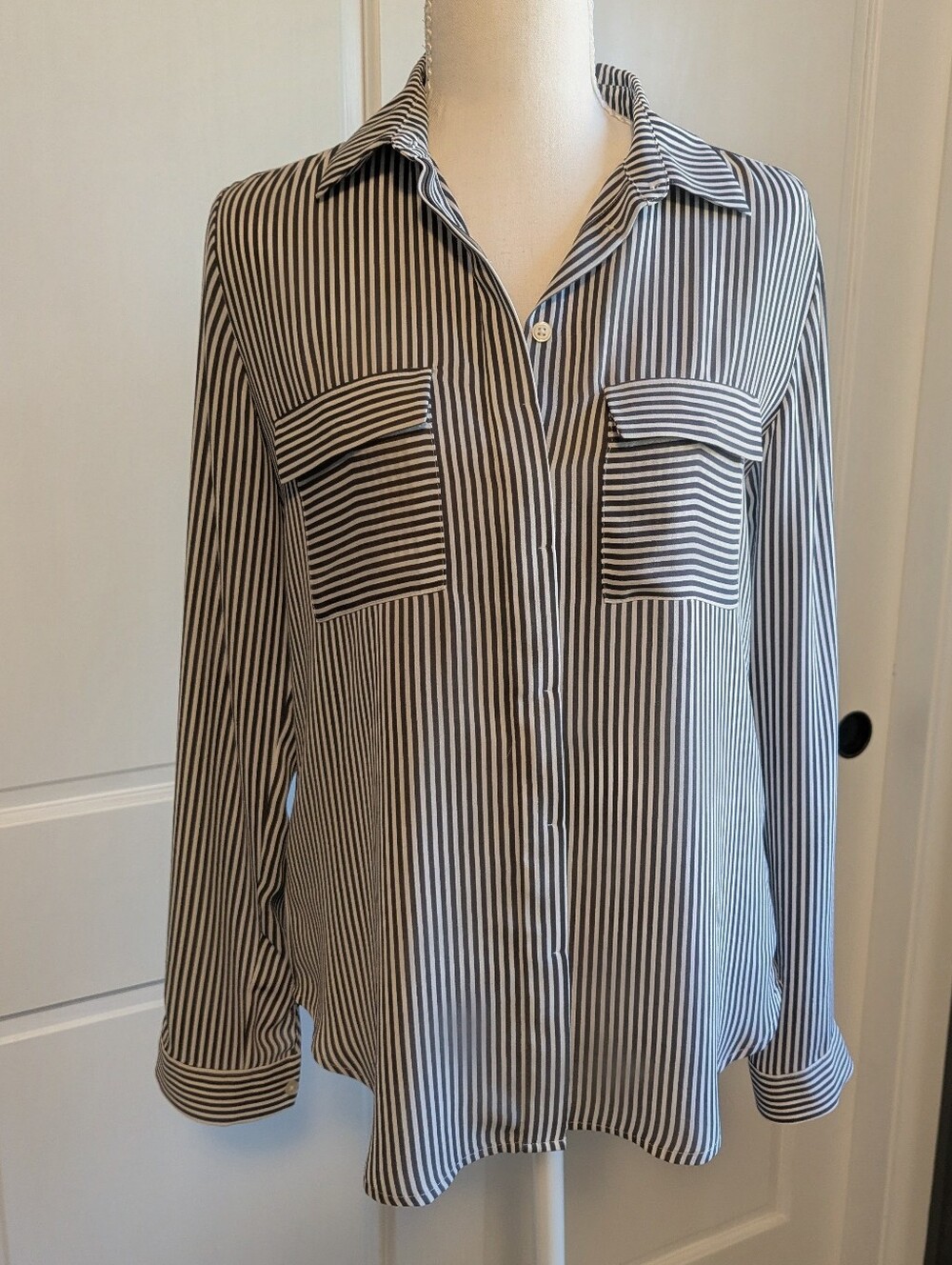 Striped Gray and White Lightweight Button-Up Shirt